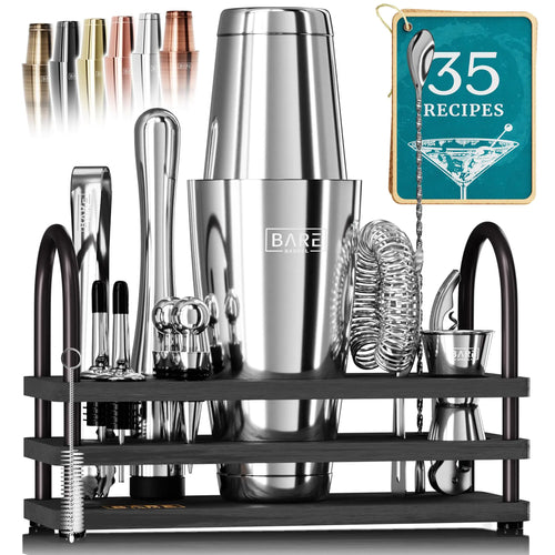 BARE BARREL® Mixology Bartender Kit Bar Set | 14-Piece Cocktail Shaker Set | Martini Barware Mixing Tools for Home Bartending | 35 Recipe Cards | Gift Set (28oz Boston Shaker Silver/Black)